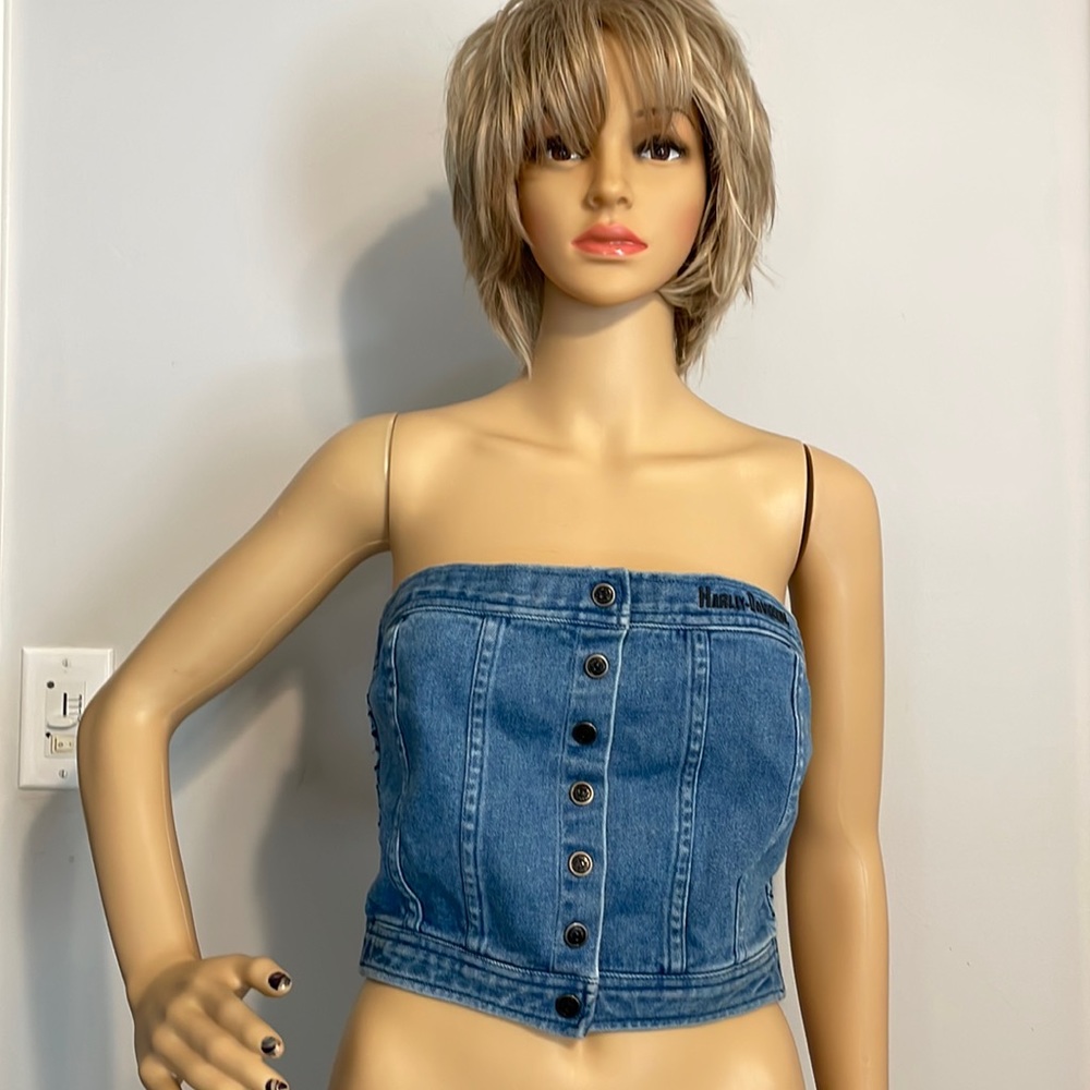 Harley-Davidson Blue Denim Strapless Button Front Crop Top